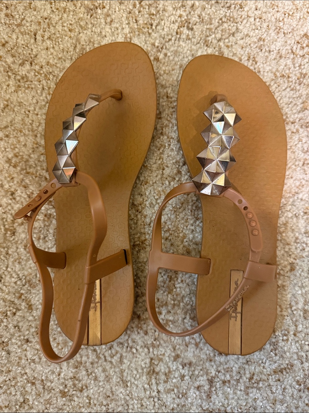 Ipanema Tan T-Strap Sandals with Pyramid Studs